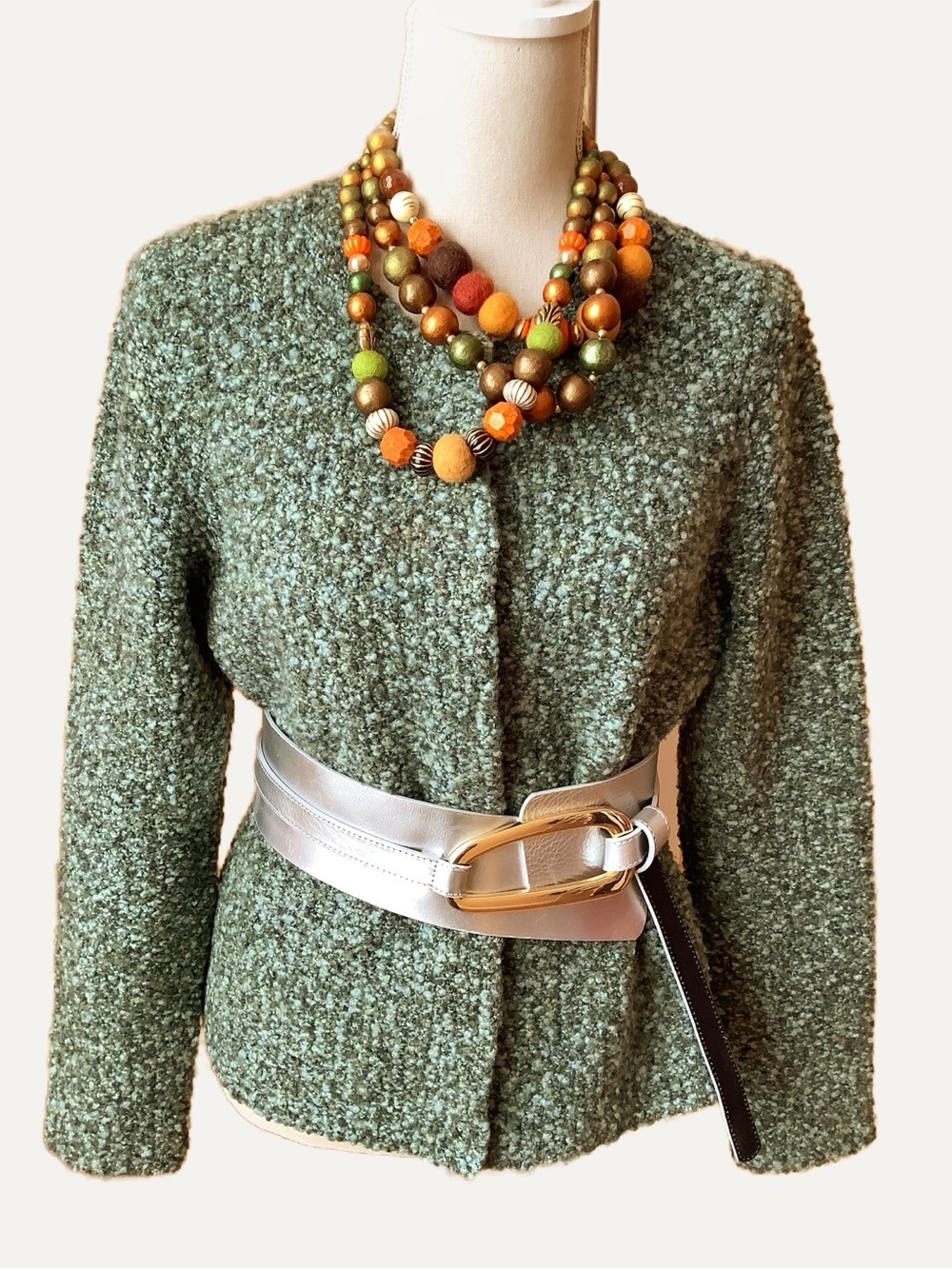 TALBOTS Textured Green Wool Bouclé Cardigan Crop Jacket M